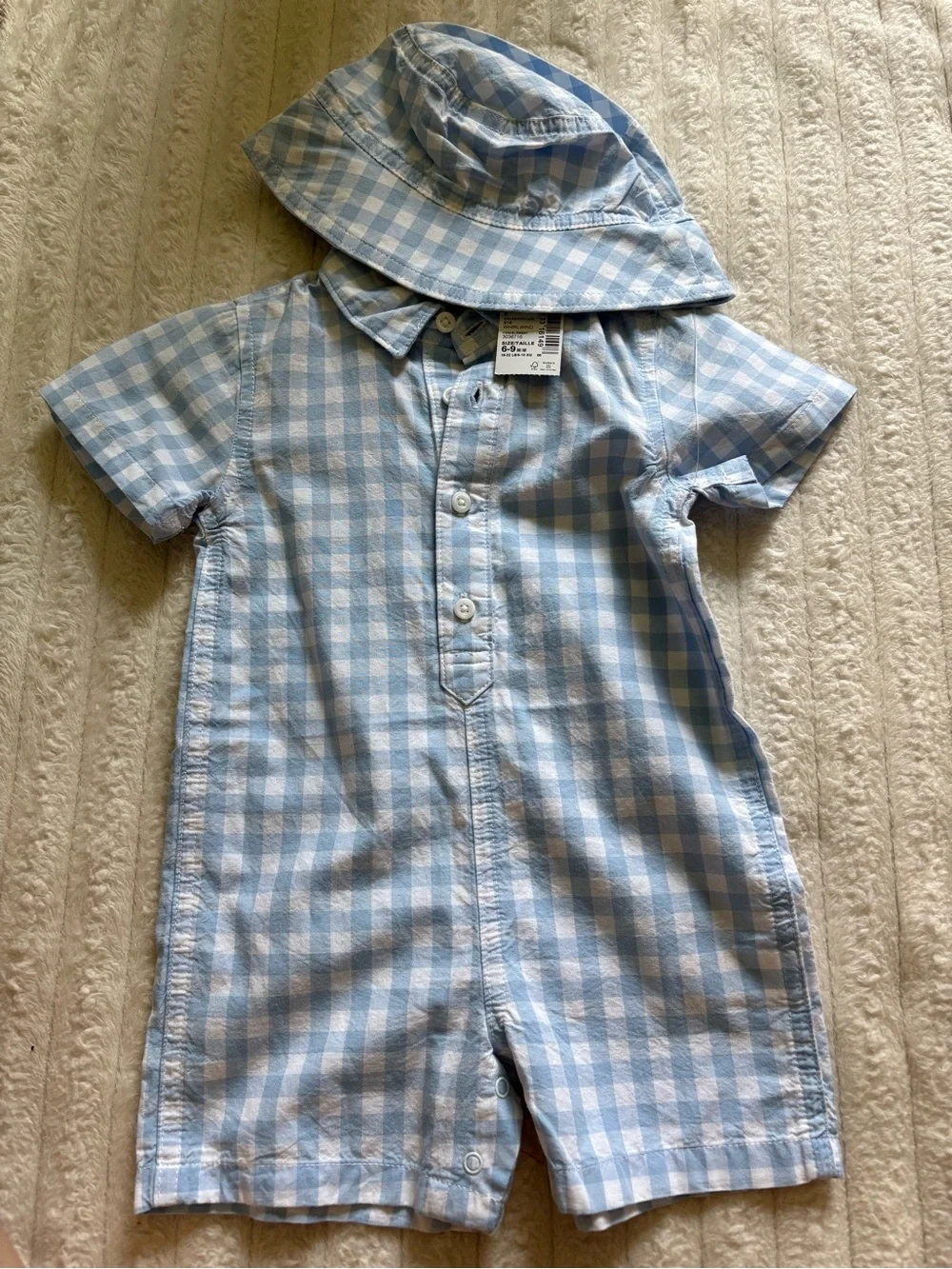 The Children's Place Light Blue and White Gingham One-Piece Romper with Hat
